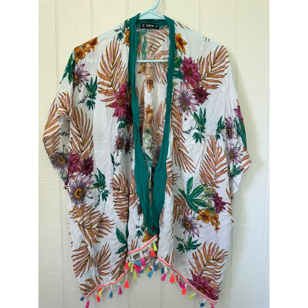 SHEIN Women Large Tropical Floral Palm Print Kimono Tassel Fringe Cover Up White